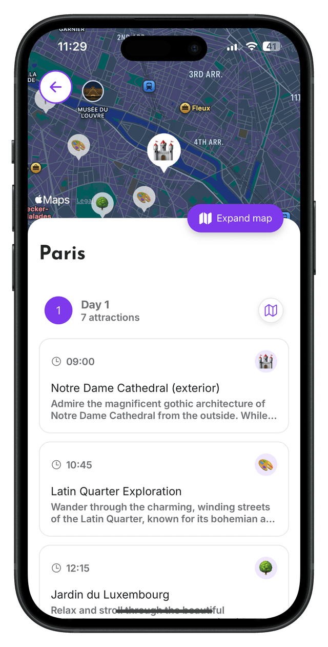 Kind'a Lost? AI trip planner app showing a personalized Paris travel itinerary with routes and attractions